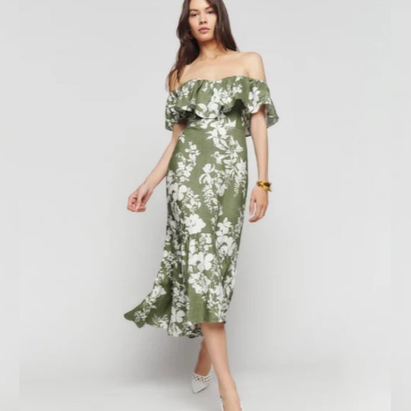 Reformation Dresses & Skirts - NWOT Reformation Baela Linen Dress in Willow Green White Floral Midi